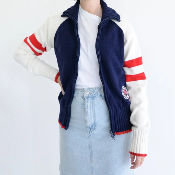 Vintage Route 66 Navy Red Knit Patriotic America 1776 100% Cotton Zip Sweater M - Picture 2 of 11